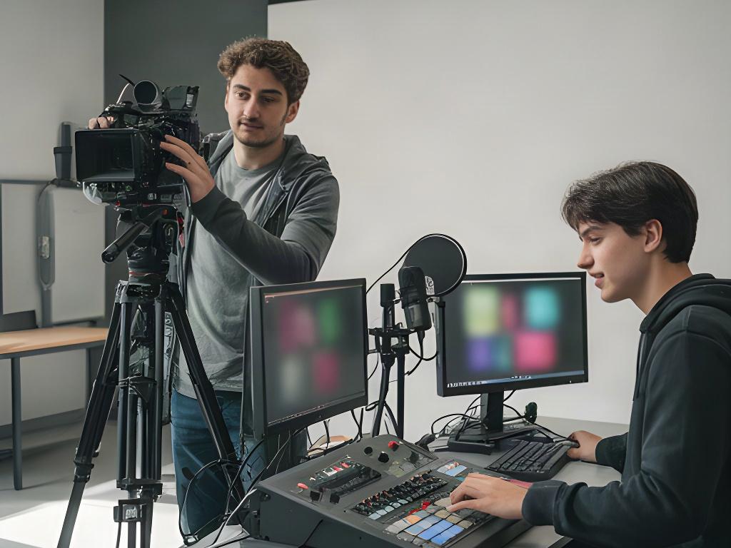 大学の実習スタジオで学生がカメラと映像スイッチャーを操作する様子